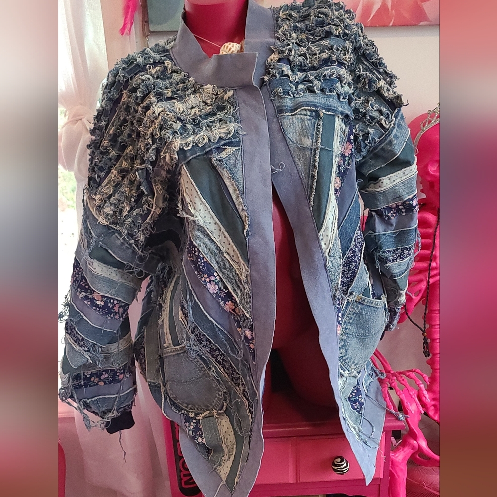 Handmade patchwork denim boho jacket - Picture 2 of 6